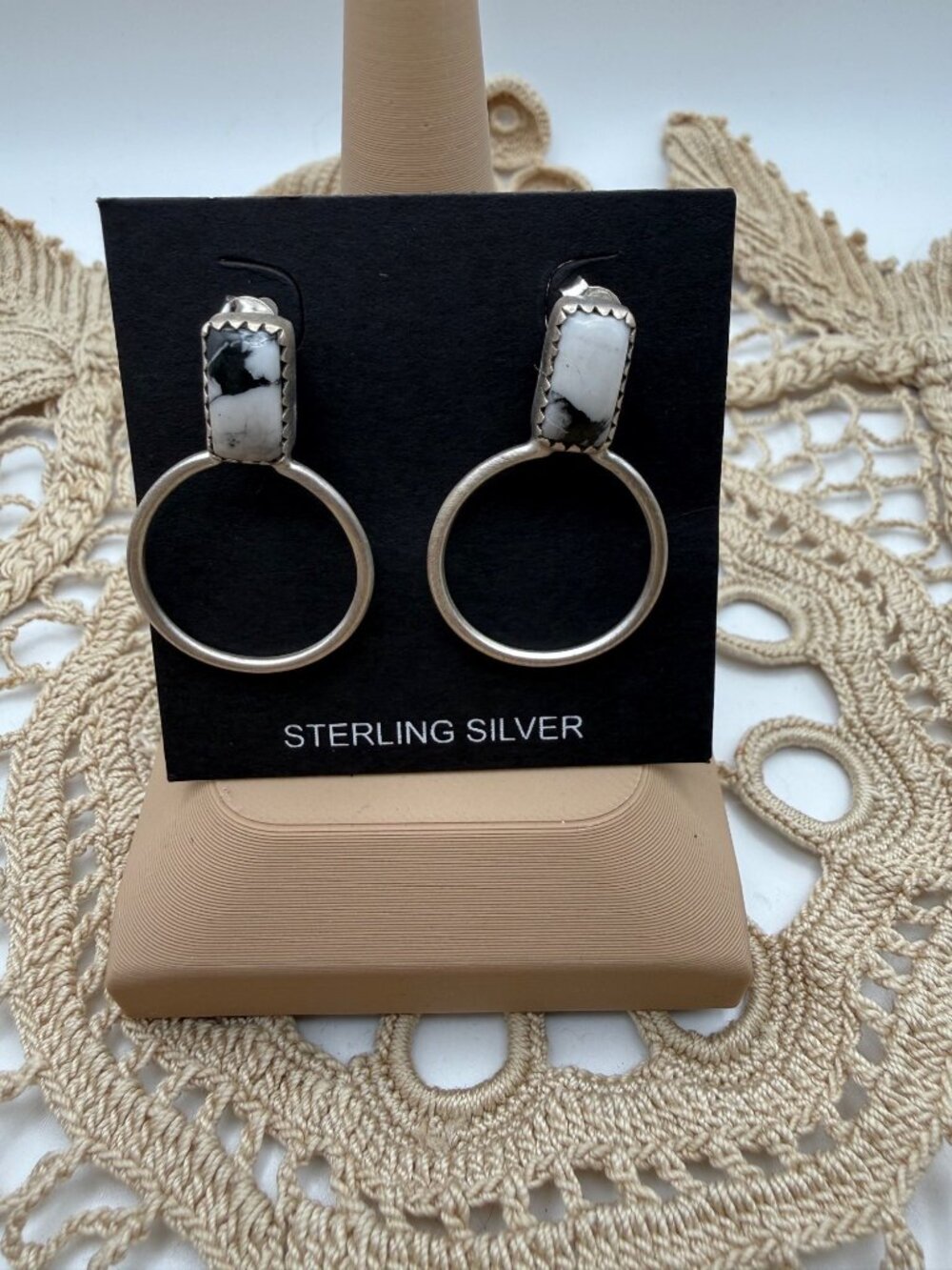 Artisan crafted Sterling Silver White Buffalo Drop Earrings Circular Hoops boho